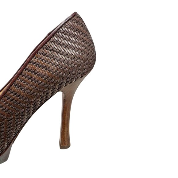 Joan and David Brown Woven Leather Platform Almond Toe Pumps - Picture 8 of 11